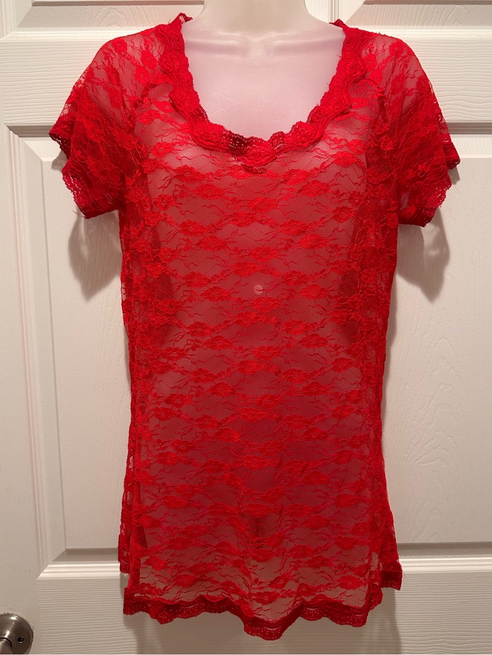 Vintage Y2K Eyeshadow Red Sheer Floral Lace Tunic Top Chemise XL Made USA Goth
